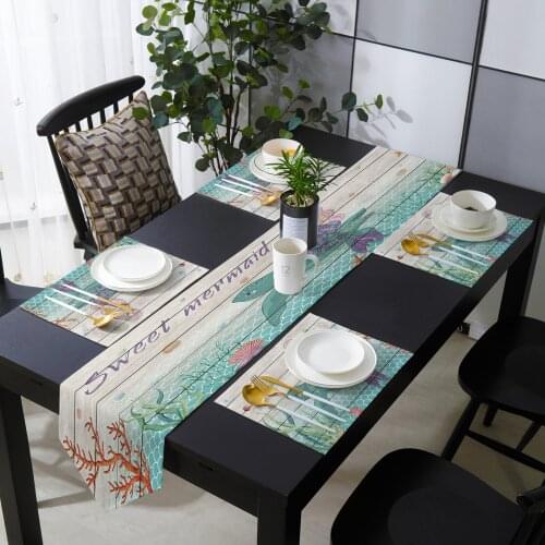Turtle And Mermaid Marine Wood Plank Texture Table Runner Placemats Set Country Wedding Table Decoration for Kitchen Home Dining