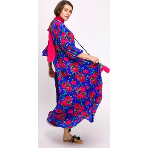 Tasseled Collar Blue Pink Color Rose Pattern Long Boho Dress 2021 New Fashion Bohemian Style Authentic Womens Clothing