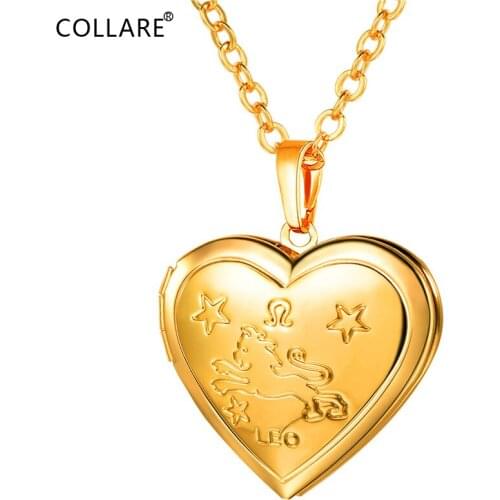 Collare Leo Pendant Heart Photo/Memory Locket Gold/Silver Color Constellation Jewelry 12 Zodiac Dainty Necklace Women P897