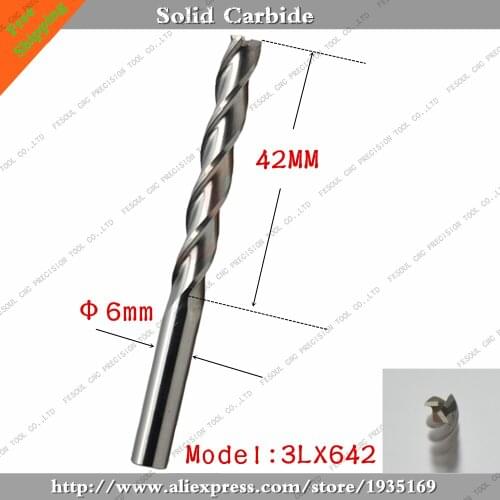 6mm*42mm,1pcs,Free shipping 3 Flutes End Mill,CNC milling Cutter,Solid carbide woodworking router bit,PVC,MDF,Acrylic,wood