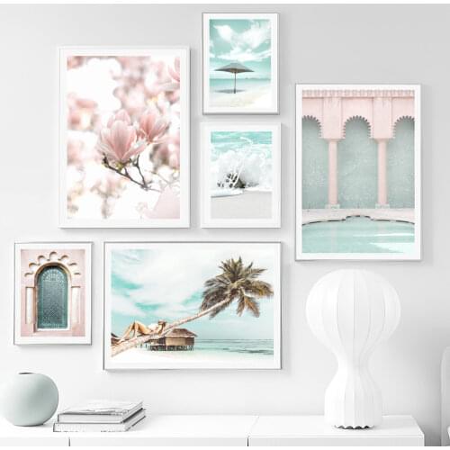 Morocco Mosque Coconut Tree Beach Flower Wall Art Canvas Painting Nordic Posters And Prints Wall Pictures For Living Room Decor