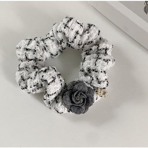 Fashionable Elegant Camellia Tweed Fabric Large Intestine Hair Tie High Elastic Hair Rope Rubber Band Headdress Hair Accessory