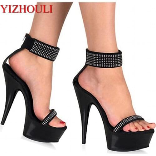 Fashionable, sequined ankle strap leather 15 cm high heels model party shoes wedding shoes