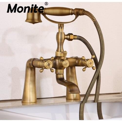 Monite Antique Brass Bathtub Shower Faucet W/ Hand Shower Bathroom Bath Mixer Tap Faucet Telephone Hot & Cold Mixer Shower Set