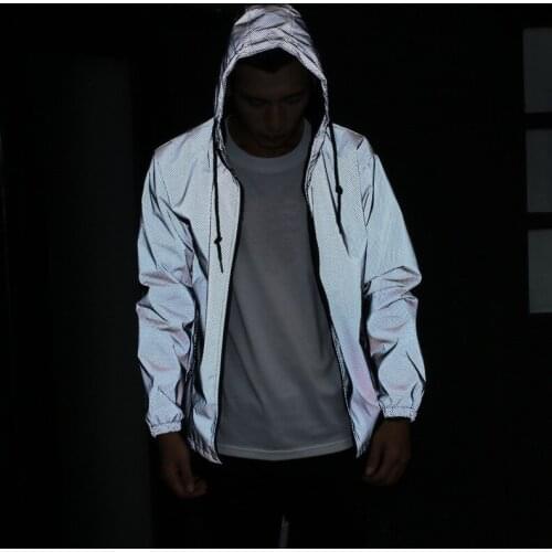 Men Jacket Casual Hiphop Windbreaker Reflective Jacket Coat Hooded Fluorescent Clothing