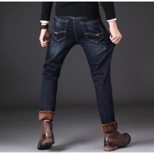 Men Winter Jeans Thicker Warm Black Denim Jeans Straight Fit Jeans Good Quality Men Fleece Smart Casual Long Blue Jeans Size 40