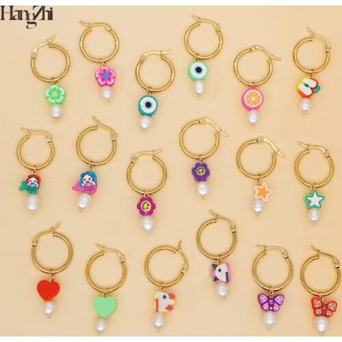 HangZhi 2021 New Bohemian Freshwater Pearl Earrings Smiley Face Flower Pendant Dangle Earring for Women Girls Holiday Jewelry