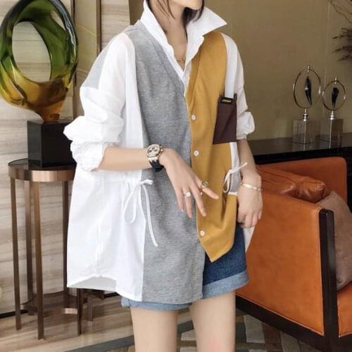 Autumn New Style European Goods Fashion Contrast Color Stitching Irregular Shirt Sweater Womens Trendy
