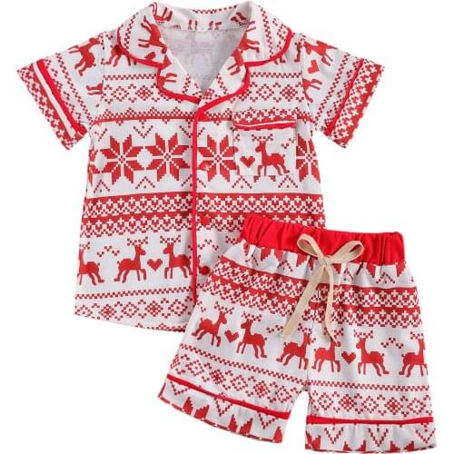1-6Y Christmas Kids Boys Girls Pajama Sets Short Sleeve Single Breasted Shirts Tops Shorts 2pcs Homewear