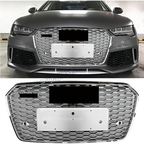 For rs7 style honeycomb mesh grill for audi a7 s7 2016 16 2017 17 2018 18 shiny Silver abs front bumper hood racing grid
