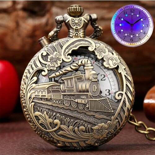 Vintage Antique Luminous LED Men Women Quartz Pocket Watch Train Locomotive Engine Steampunk FOB Light Clock Pendant Chain Gifts