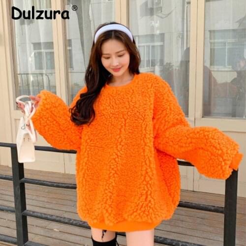 Korean Style Macaron Color Faux Fur Sweatshirt Cute Girls Winter Fuzzy Oversized Hoodies Fashion Fake Lambswool Lazy Pullovers