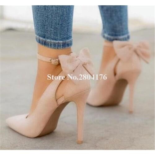 Women Elegant Fashion Pointed Toe Suede Leather Bow-tie Stiletto Heel Pumps Ankle Strap Buckle Blue High Heels Dress Shoes