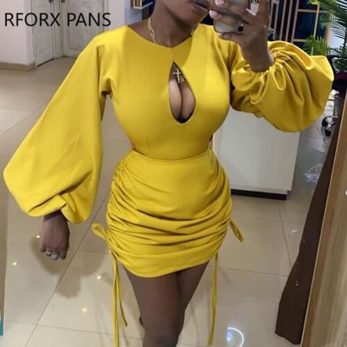Women Solid Keyhole Strappy Ruched Lantern Sleeve Mini Yellow Sexy Party Dresses