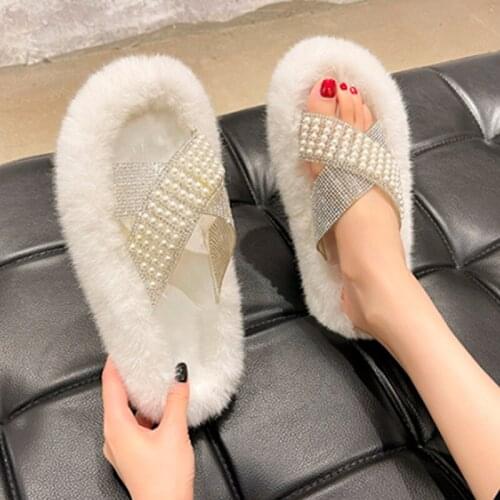 Women Furry Flat Slippers String Pearl decoration Crystal Solid Plus Size Female Home Shoe Comfort Leisure Ladies Plush Footwear