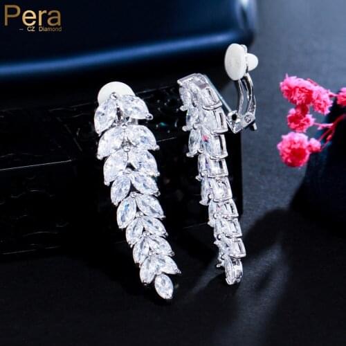 Pera Elegant Women Clip On Ear Jewelry Big Leaf Shape Cubic Zirconia Silver Color Non Piercing Earrings For Prom Party Gift E362