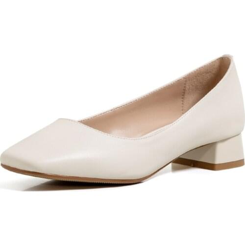 Genuine leather Women Pumps Shoes Shallow Block Low Heels Shoes Fashion Black White Wedding Working Party Shoes Woman comfort