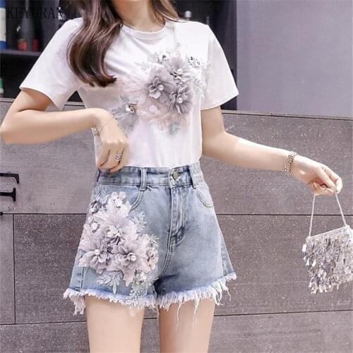 Women 2020 Summer Fashion Cotton T-Shirt Tops + Short Jeans Two/2 Pieces Sets New 3D Flowers Beading Female Denim Shorts Suit