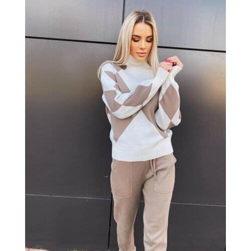 Women Knitted Sweater Tracksuit Turtleneck Plaid Top+ Solid Color Pant Thick Fleece Warm Two Piece Set