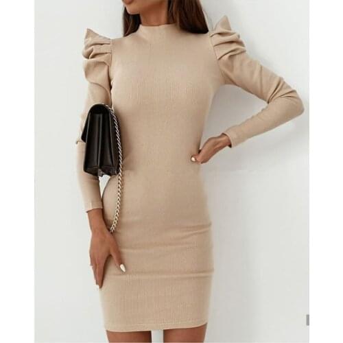 Half High Neck Puff Long Sleeve Autumn 2021 Female Short Dress Slim Sheath Solid Color Pink Black Sexy Skinny Women Mini Dresses
