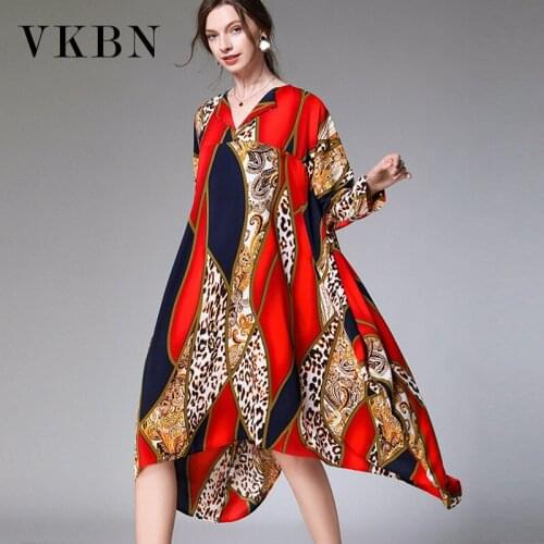 VKBN 2020 Spring and Summer Dress women Leopard Long Sleeve V-Neck Irregular Plus Size Women Dress