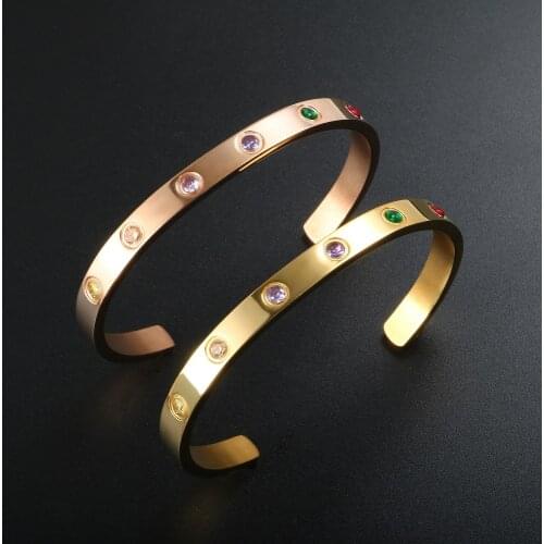 ZMFashion Colorful Crystal Open Bracelet Men Women Cuff Bangle High Quanlity Stainless Steel Couple Wedding Party Charm Jewelry