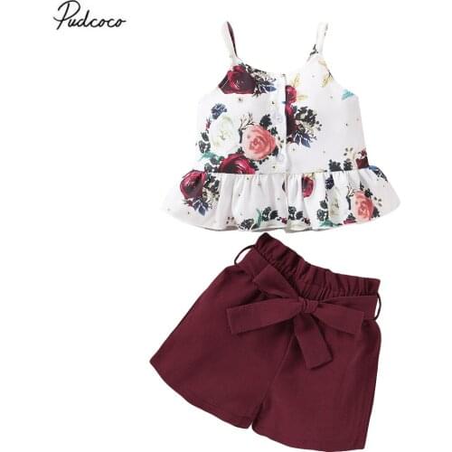 2020 Summer 2pcsToddler Infant Kids Baby Girl Clothes Casual Floral Tops Vest+Bow Shorts Outfits Clothing Set 2pcs