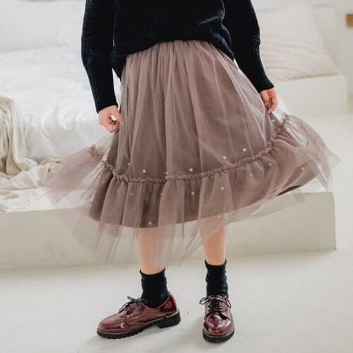 2019 Autumn Fall Kids Children Grey Brown Black Pearl Tulle Skirts For Big Girl Princess High Waist Skirt Teenager Girl Clothing