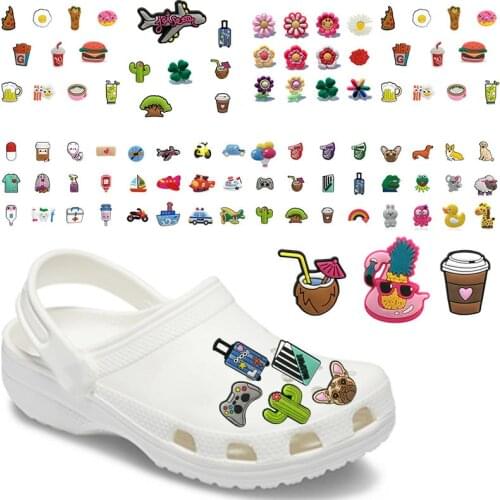 50pcs/lot Flower Animals PVC Shoe Charms Dog Cat Decorations Accessories Coffee Coconut Airplane Charms Fit Shoes Kids Gift