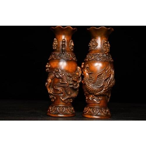 7" China Lucky Seikos Boxwood Chinese dragon statue Dragon and phoenix pattern A pair of dragon and phoenix vases