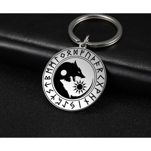 COOLTIME Runes Yin Yang Wolf Sun Moon Keychain Norse Viking Odins Knot Key Chain Magical Blessed Pentagram Keyring Men Women