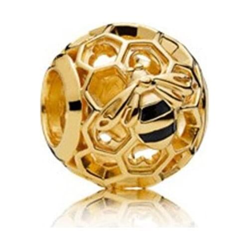 Genuine 925 Sterling Silver Charm Black Enamel Gold Openwork Shine Honeybee Beads Fit Pan Bracelet & Necklace Jewelry