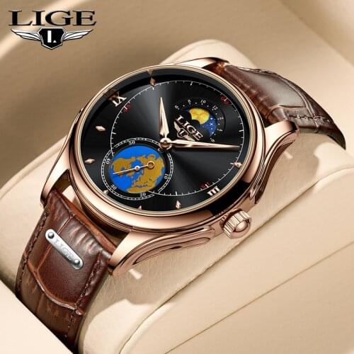 2021 LIGE New Fashion Mens Watches Top Brand Luxury Moon Phase Men Quartz Wristwatches Male Clock Leather Waterproof Sport Watch