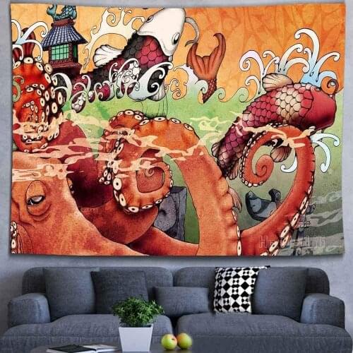 Ine Ive Japanese Style Ukiyo-e Tapestry Koi Ocean Wave Octopus Anime Animal Theme Art Wall Hanging Width Landscape Decoration