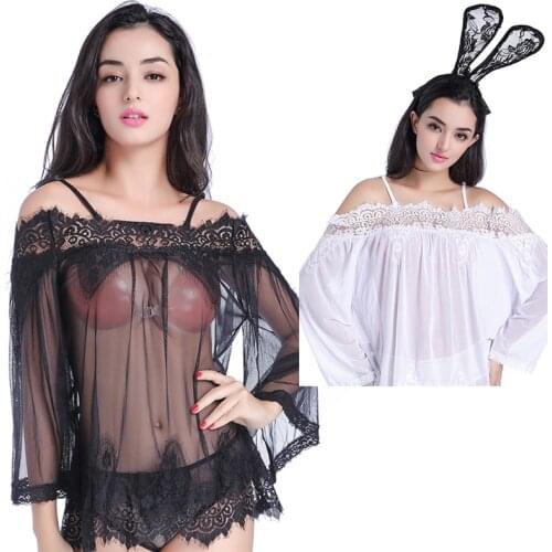 Braces Exotic Set Babydolls Pagoda sleeve off the shoulder Women Dress Dirndl Panties Lingerie Sexy Appliques Perspective Dress2