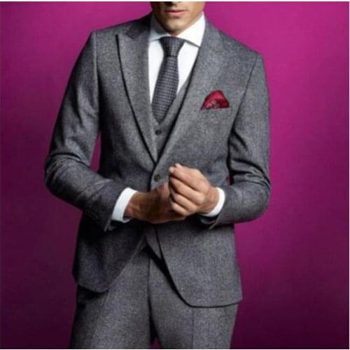 Latest Coat Pant Design Grey Tweed Men Suit Slim Fit 3 Piece Casual Tuxedo Custom Groom Suits Prom Simple Blazer Terno Masculino