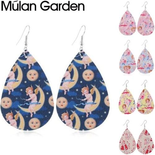 M&G Double-side Faux Leather Earrings Sun Flower Angel Print Water Drop Earrings Fashion Jewelry Women Accessories Hot Sale Gift