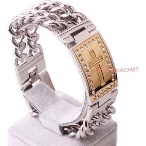Men Bracelet Silver Color Stainless Steel Bracelet & Bangle Gold Cross Design Male Accessory Hip Hop Party Rock Jewelry