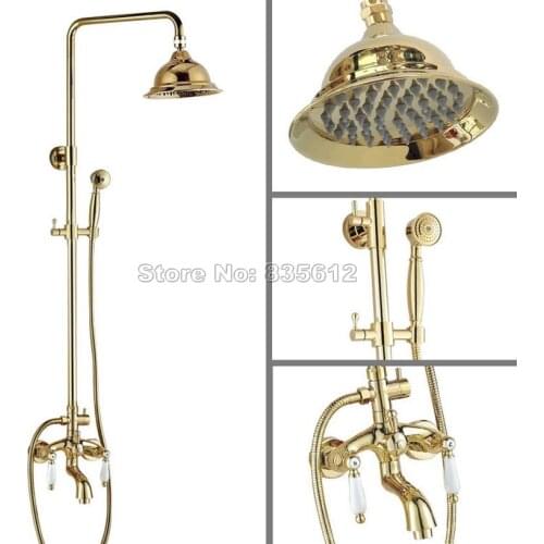 Wall Mounted Luxury Dual Handles Rain Shower Faucet Set with Handheld Shower /Gold Color Brass Bathroom Bathtub Mixer Tap Wgf426