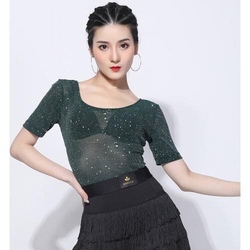 Adult Latin Dance Clothes Sequin Cha Cha Tops Practice Wear Ballroom Tango Short Sleeve Dancing Costume Performance Shirt YS1605