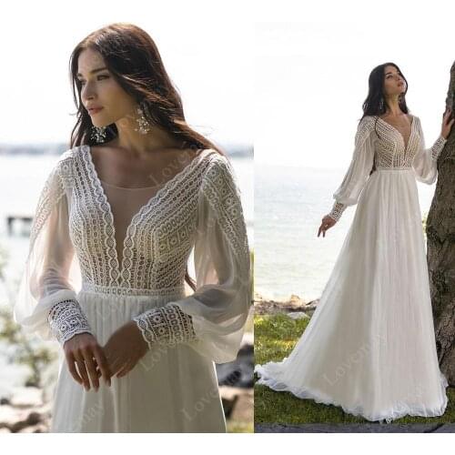 Long Sleeves Beach A Line Wedding Dresses Bride Dress Vestidos De Novia Lace Appliques Button Boho Bridal Gowns