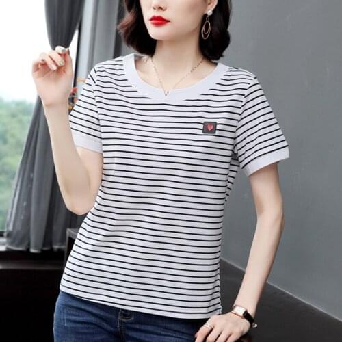 Striped Women T-Shirt Appliques Tops Women Tshirt 2020 Korean Fashion Plus Size Womens Clothing Camisetas Mujer Tee Shirt Femme