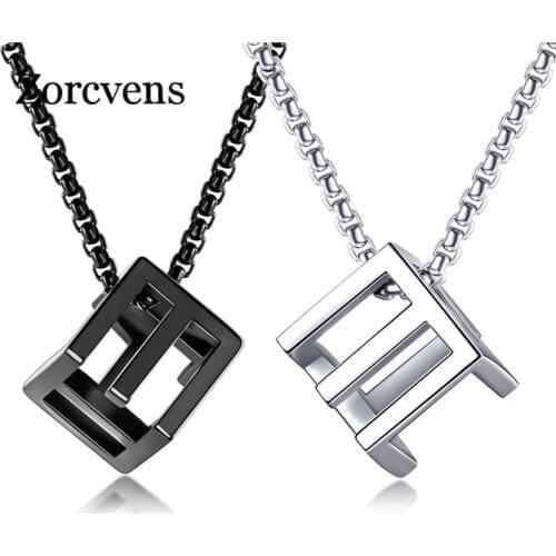 ZORCVENS Retro Hollow Cube Pendant for Men Stainless Steel Square Vintage Necklace Punk Geometric Collie