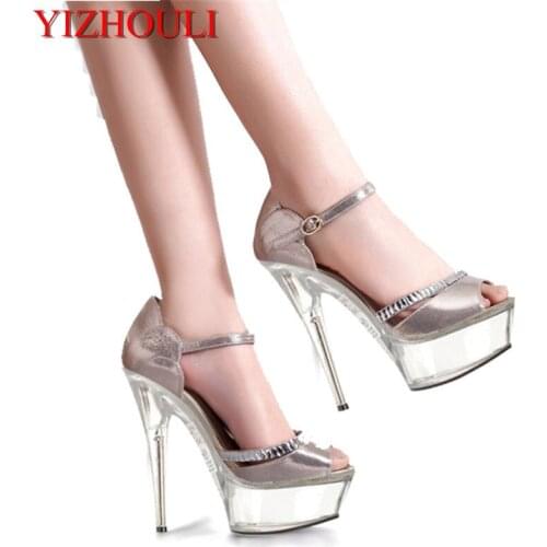 15 cm super high heels South Korean princess glitter bright eye crystal sandals fashion runway photo big yards of shoes