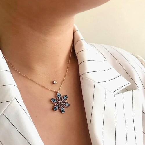 Blue Edged Snowflake 925 Sterling Silver Necklace Women Girls Gift Jewelry Accessories Fashion Handmade Elegant Chain