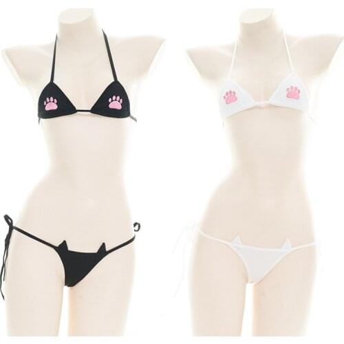 Sexy Bikini Cute Cat Paw Print Underwear Micro Bikini Set Exotic Lingerie Suit Lolita Maid Cosplay Kawaii Bra and Panty Swimwear