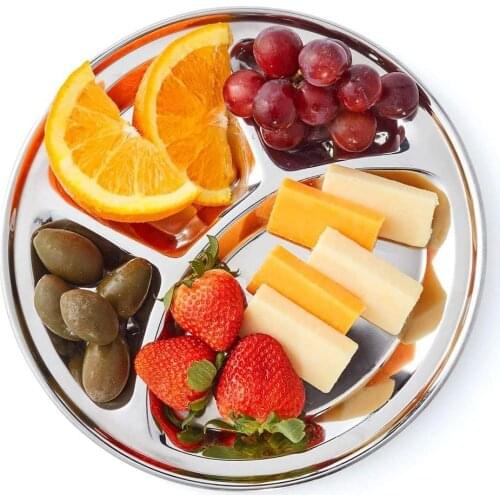 4 Compartments Divided Round Stainless Steel Dinner Dish Plate Round Thali Dinnerware for Home/Outdoor/Camping/Picnic