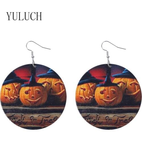 YULUCH Women natural wood round pendant halloween double-sided printing wooden earrings woman elegant and simple wooden earrings