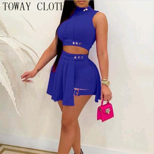 Summer Women Mock Neck Sleeveless Crop Top & Skirt Set Casual