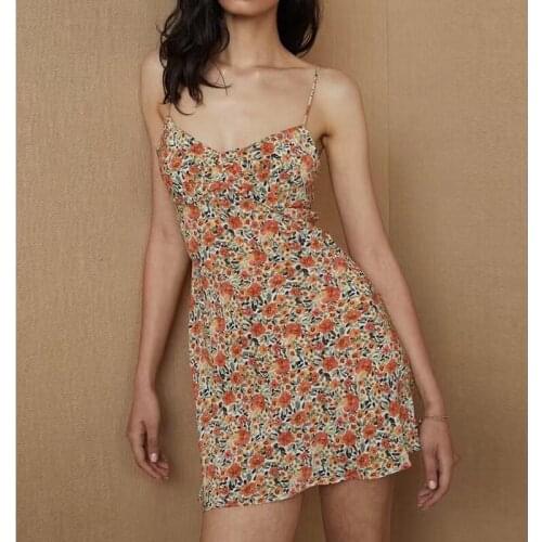 Floral Print Silk Sling Mini Dress 2021 New Summer Ladies Sleeveless Spaghetti Strap Vintage Short Dresses Robes